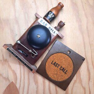 Vintage Lake Tahoe VAT 69 Wooden Barware Bar Bell/Bottle Opener and Coaster Set